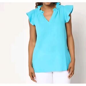 Belle Beach Med Bermuda Blue 100% Cotton Gauze Flounce Sleeve Top A688061 NWOT